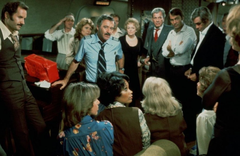 Jack Lemmon & cast in Airport '77