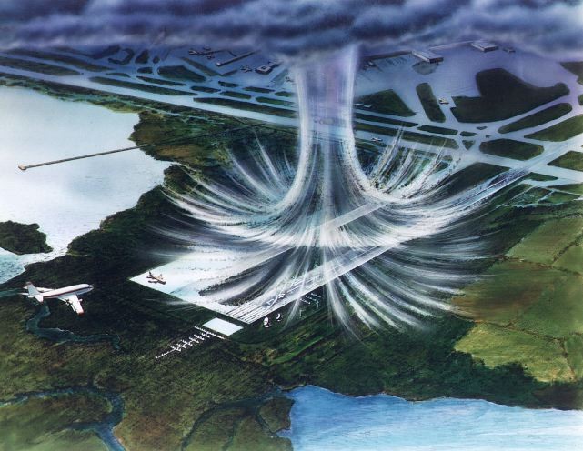 Ilustração de uma micro-explosão, feita pela NASA. Observe o movimento descendente do ar até atingir o nível do solo, que, em seguida, se espalha em todas as direções.