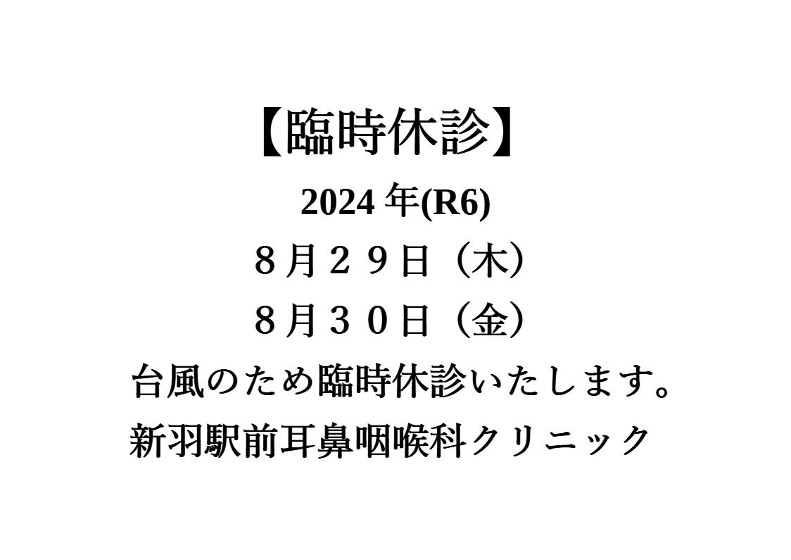 【臨時休診】令和６年(2024年) ８月２９日（木）・８月３０日（金）台風のため臨時休診いたします。