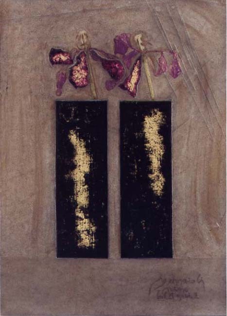 "Torri Gemelle tulipani" 2002 olio su faesite 50x35 (11 settembre" MoMa Library). Collezione Riccardo Nencini.