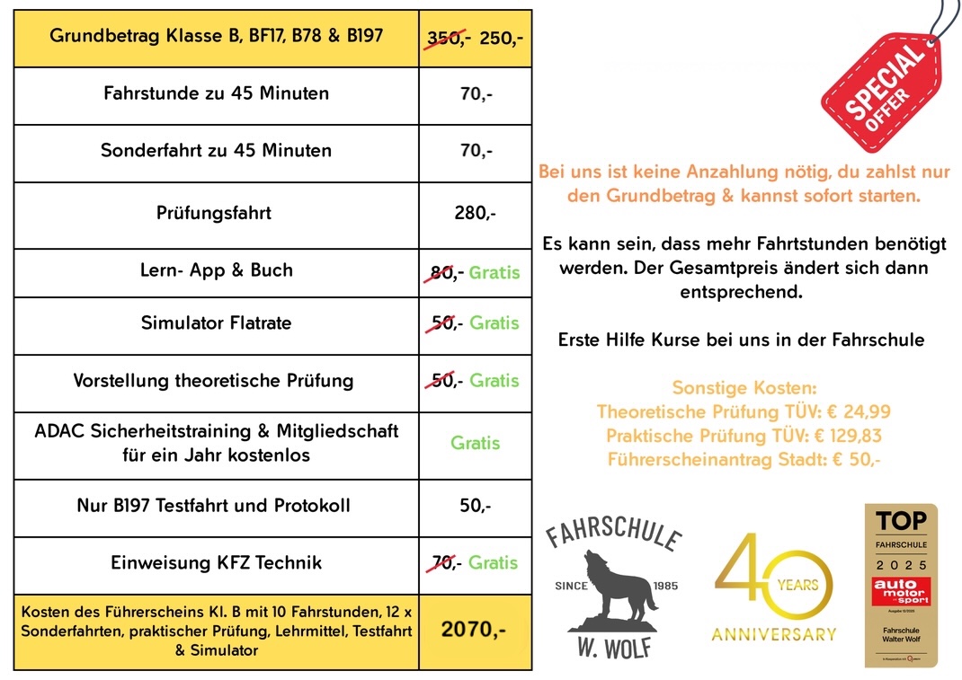 Preisliste Kl.: B,BF17,B78 & B197 Fahrschule Wolf Pulheim, Stommeln, Glessen, Brauweiler 