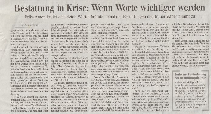 Erika Amon ist freie Trauerrednerin in Lindau am Bodensee und wurde für diesen Artikel von der Lindauer Zeitung interviewt