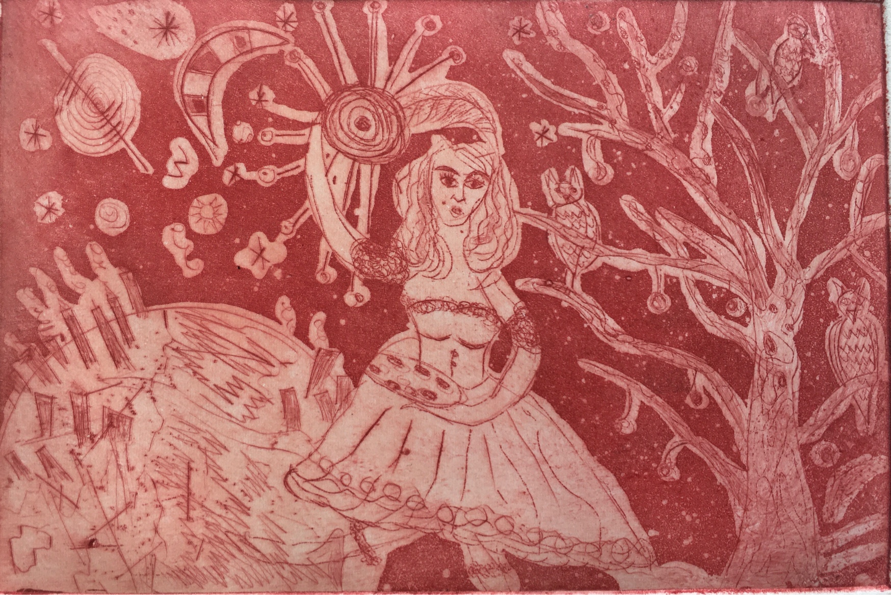 (c) Bianca Scheich, Radierung, Die rote Corona, 15 x 20 cm, 2021