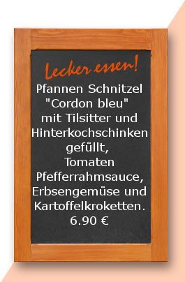 Mittagstisch am mittwoch den 15.11.2017: Pfannen Schnitzel "Cordon bleu" mit Tilsitter und Hinterkochschinken gefüllt, Tomaten Pfefferrahmsauce, Erbsengemüse und Kartoffelkroketten.