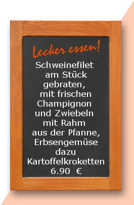 Mittagstsich am Freitag den 13.10.2017 Schweinefilet am Stück gebraten, mit frischen Champignon und Zwiebeln mit Rahm aus der Pfanne, Erbsengemüse dazu Kartoffelkroketten