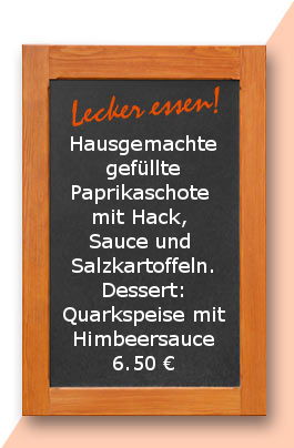 mittagstisch am Freitag den 05.05.2017: Hausgemachte gefüllte Paprikaschote mit Hack, Sauce und  Salzkartoffeln. Dessert: Quarkspeise mit Himbeersauce