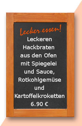 Mittagstisch am Mittwoch den 13.12.2017: Leckeren Hackbraten aus den Ofen mit Spiegelei und Sauce, Rotkohlgemüse und Kartoffelkroketten.