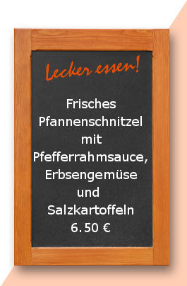Mittagstisch am Dienstag den 27.06.2017: Frisches Pfannenschnitzel mit Pfefferrahmsauce, Erbsengemüse und Salzkartoffeln