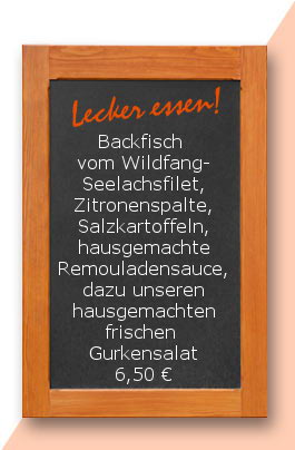 Backfisch vom Wildfang-Seelachsfilet, Zitronenspalte, Salzkartoffeln, hausgemachte Remouladensauce, dazu unseren hausgemachten frischen Gurkensalat