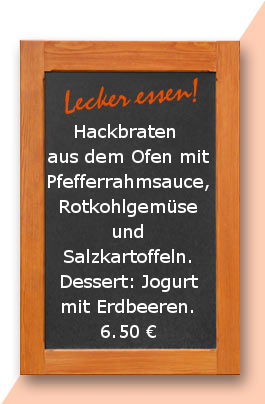 Mittagstisch: Hackbraten aus dem Ofen mit Pfefferrahmsauce, Rotkohlgemüse und Salzkartoffeln. Dessert: Jogurt mit Erdbeeren.