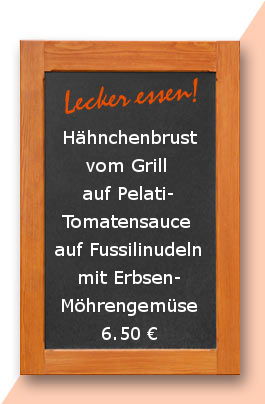 Mittagstsich am Dienstag den 04.07.2017:Hähnchenbrust vom Grill auf Pelati-Tomatensauce auf Fussilinudeln mit Erbsen-Möhrengemüse