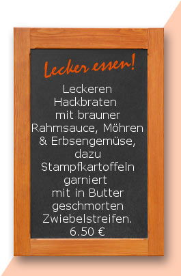 Mittagtisch am Freitag den 16.06.2017: Leckeren Hackbraten mit brauner Rahmsauce, Möhren & Erbsengemüse, dazu Stampfkartoffeln garniert mit in Butter geschmorten Zwiebelstreifen.