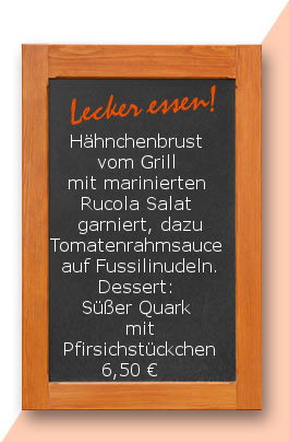 Mittagstisch am Mittwoch den 29.03.2017: Mittagstisch am Mittwoch den 29.03.2017: Hähnchenbrust vom Grill mit marinierten Rucola Salat garniert, dazu Tomatenrahmsauce auf Fussilinudeln. Dessert: Süßer Quark mit Pfirsichstückchen 6,50 €   www.snack-am-eck.