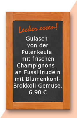 Mittagstisch amDonnerstag den 12.10.2017: Gulasch von der Putenkeule mit frischen Champignons  an Fussilinudeln mit Blumenkohl-Brokkoli Gemüse.