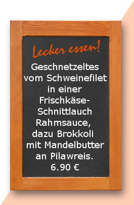 mittagstisch am Freitag den 08/.132.2017: Geschnetzeltes vom Schweinefilet in einer Frischkäse-Schnittlauch Rahmsauce, dazu Brokkoli mit Mandelbutter an Pilawreis.