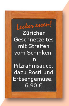 Mittagstisch am Montag den 18.09.2017: Züricher Geschnetzeltes mit Streifen vom Schinken in Pilzrahmsauce, dazu Rösti und Erbsengemüse. 