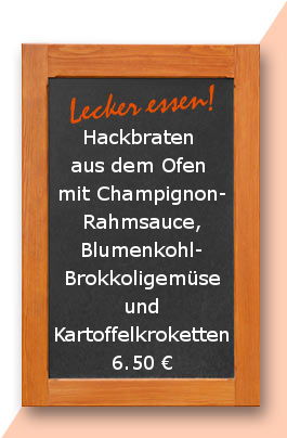 mittagstisch am Fretiag den 04.08.2017: Hackbraten aus dem Ofen mit Champignonrahmsauce, Blumenkohl- Brokkoligemüse und Kartoffelkroketten