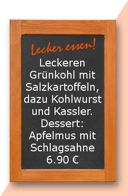 Mittagstisch am Dienstag den 21.11.2017: Leckeren Grünkohl mit Salzkartoffeln, dazu Kohlwurst und Kassler. Dessert: Apfelmus mit Schlagsahne