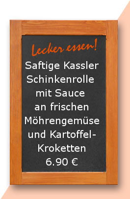 Mittagstsisch am Freitag den 12.01.2017: Saftige Kasslerschinkenrolle mit Sauce an frischen Möhrengemüse und Kartoffelkroketten 6,90 €