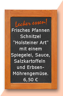 Mittagstisch: Frisches Pfannen Schnitzel "Holsteiner Art" mit einem Spiegelei, Sauce, Salzkartoffeln und Erbsen- Möhrengemüse.