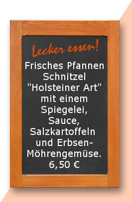 Mittagstisch: Frisches Pfannen Schnitzel "Holsteiner Art" mit einem Spiegelei, Sauce, Salzkartoffeln und Erbsen- Möhrengemüse.