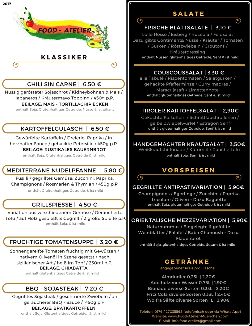 Vegane Speisekarte des Food - Ateliers in München für Caterings wie Hochzeit, Geburtstag, Konkresse, Seminare usw