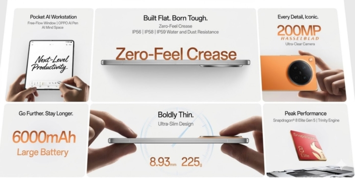 OPPO Find N6の核心スペック。折りたたみ時8.93mmの超薄型デザインと「Zero-Feel Crease」ディスプレイ、6,000mAhの大容量バッテリーを搭載した。(出典：OPPO)