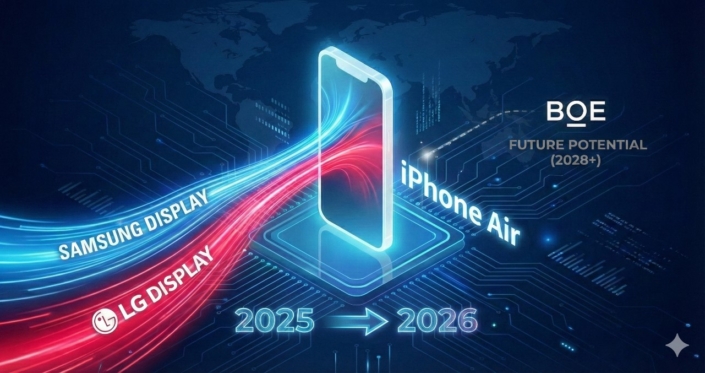 iPhone 18 Airは既存パネルを再利用し、サムスンディスプレイとLGディスプレイが供給を主導。BOEによるCOE適用パネルの供給は2028年以降と見込まれる（制作：Google Gemini）