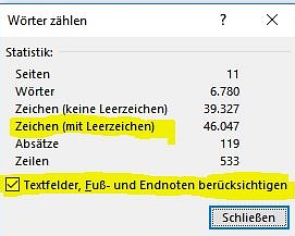 Screenshot mit Statistik aus Word