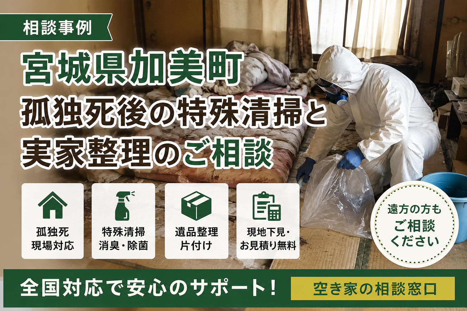 【特殊清掃相談事例】宮城県加美町｜孤独死後の臭いで室内に入れない実家のご相談
