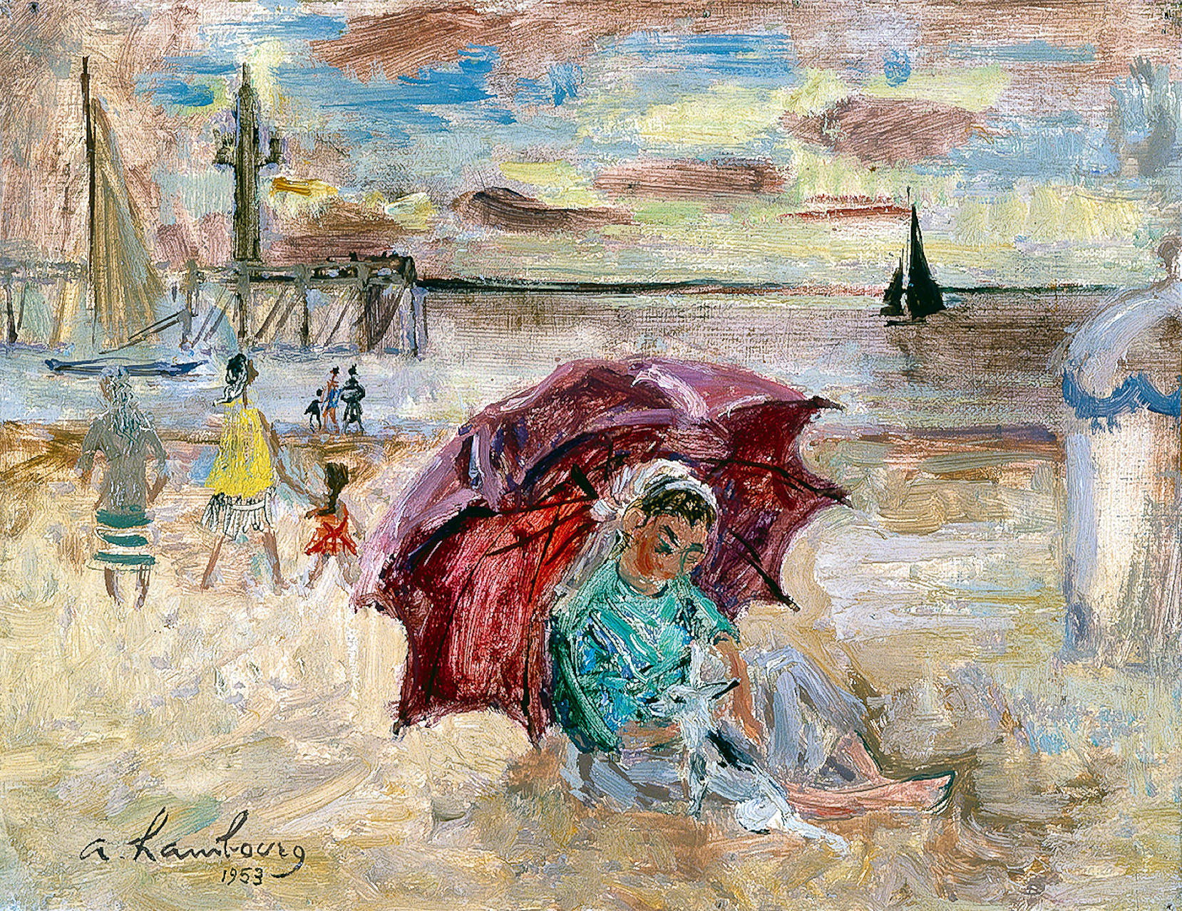 «Nicole et Bambie sur la plage» 1953,46cmx65cm, PLT390