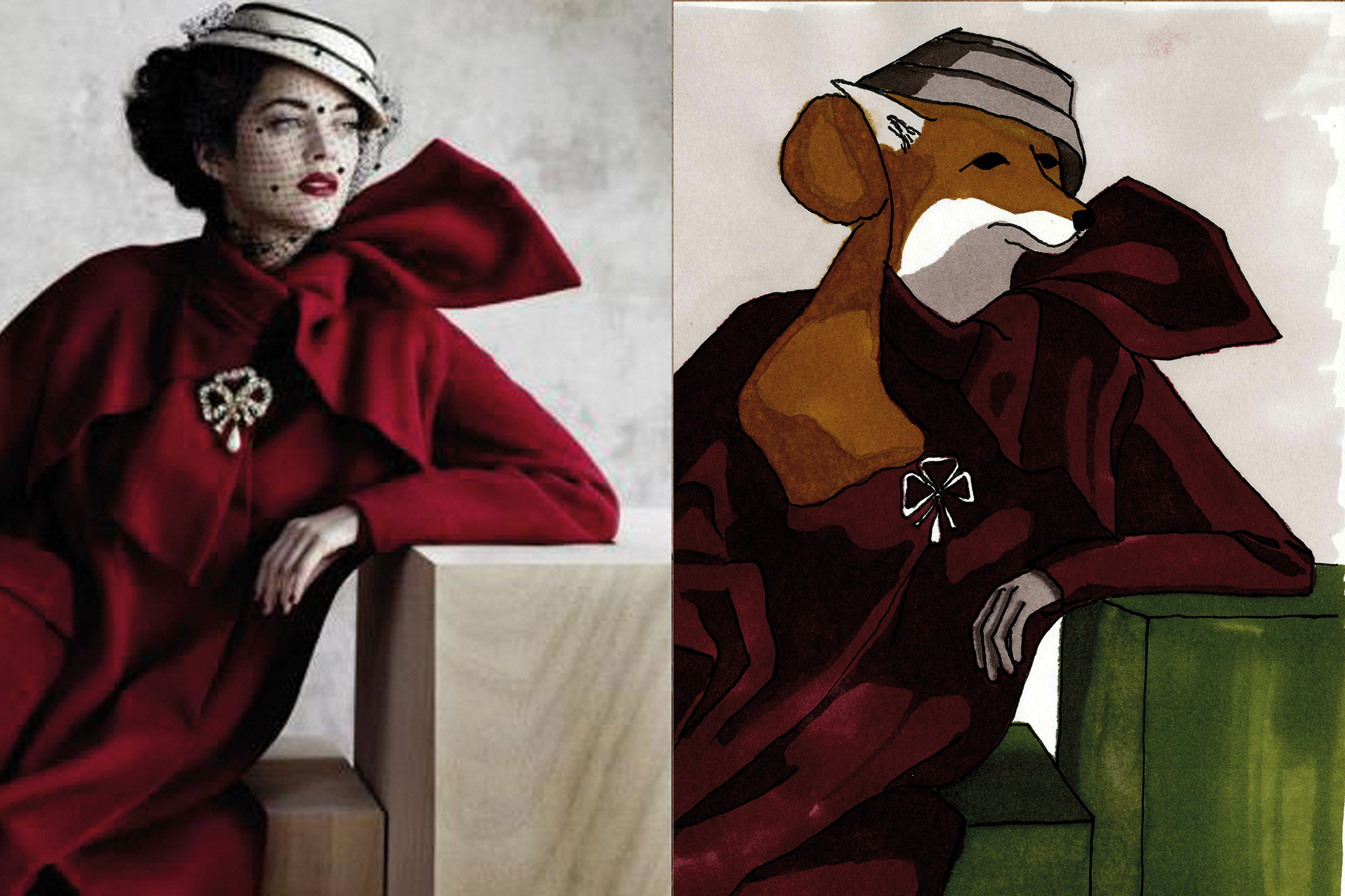 Studie: Links Kleid Dior Winterkollektion 1948/1949. Rechts: Fuchsi Filzstift