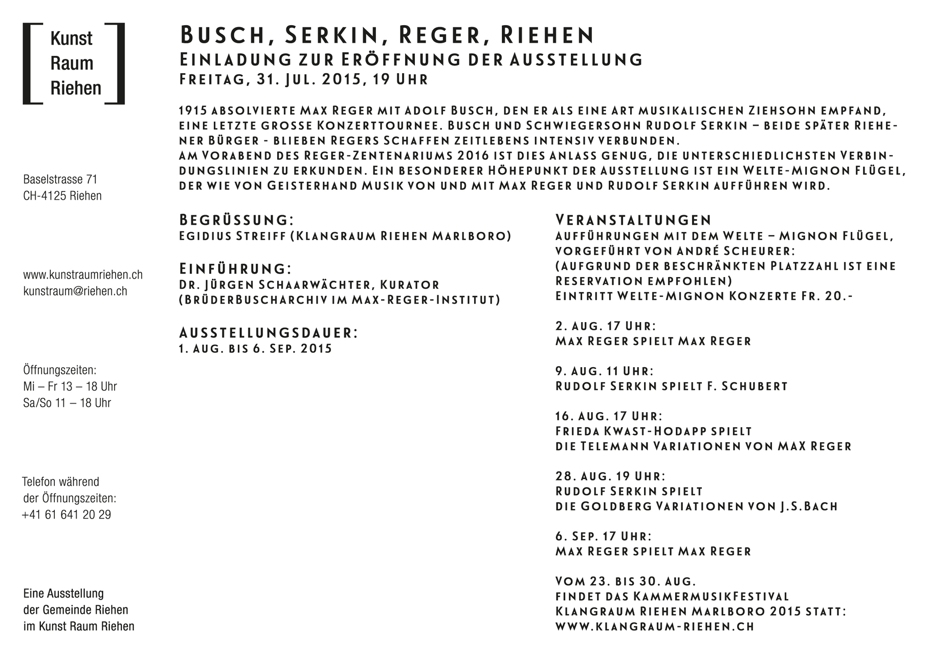 Klangraum Riehen Marlboro, Ausstellung, Flyer A5 Rückseite