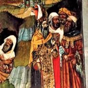 Jüdische Gestalten auf dem Sankt Michael Altarretabel aus Castello d´Empúries - prächtig gewandet, aber als "Dunkelmänner" dargestellt (Ausschnitt - Kunstmuseum Girona)