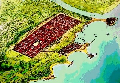 Übersichtsplan des "Municipium emporiae", rechts die griechischen Siedlungen, links die römische Stadt. (Nach einem Bodenbild im Museum)