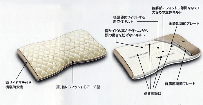 ファインスムーズ構造説明図　首肩にフィットするアーチ型　裏面の構造は後頭部や首筋にフィットする立体キルトなどを説明