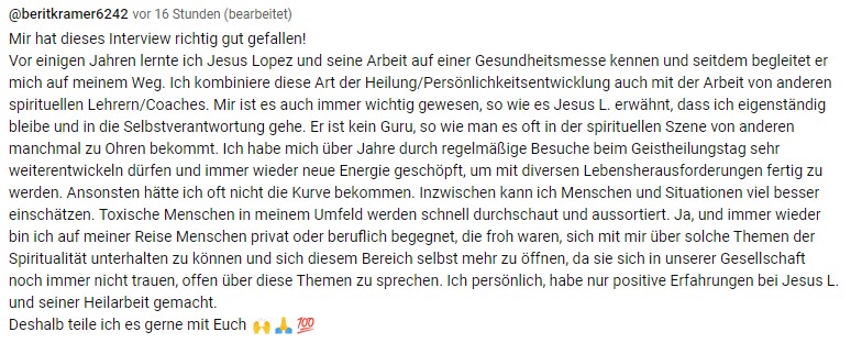 YouTube Bewertung, Berit, Geistheiler Jesus Lopez_1