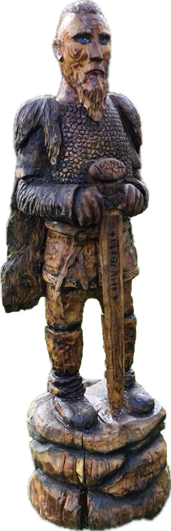 Beeindruckende Kettensägen-Skulptur eines detaillierten Wikinger Krieger Ragnar von Jessica Hilleke, geschnitzt aus Holz. Stunning chainsaw carving of an viking warrior sculpture by Jessica Hilleke, hand-carved wood art