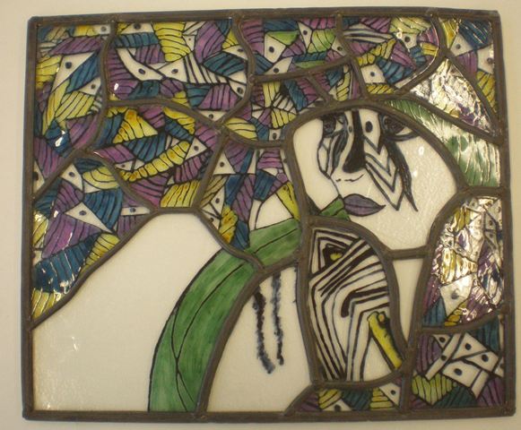 Woman with umbrella. Technique : Stained glass, painting ( this object is created on my education ) 
