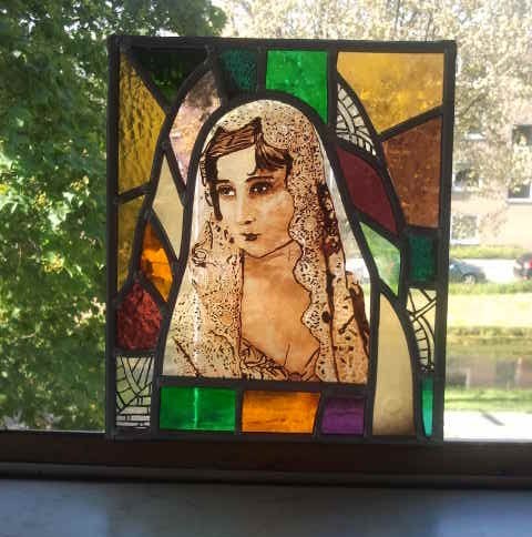 Maria. Technique : Stained glass, painting ( this object is created on my education ) 
