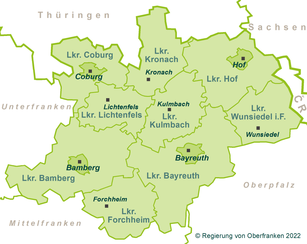 Karte der Landkreise und kreisfreien Städte in Oberfranken