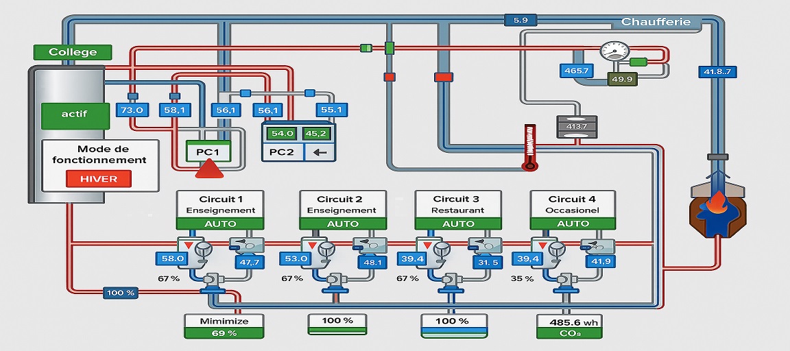 Schéma GTB – Pilotage chauffage et circuits thermiques d’un collège en mode hiver.