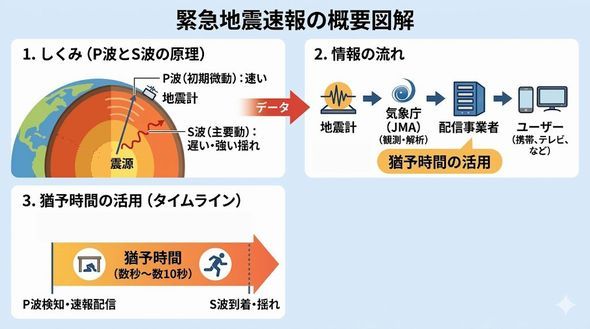 緊急地震速報の概要,P派,初期微動,S派,主要動,猶予時間の活用