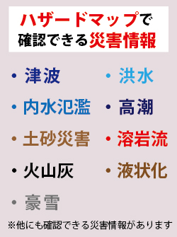 ハザードマップ,災害情報,津波,洪水,内水氾濫,高潮,土砂災害,溶岩流,火山灰,液状化,豪雪