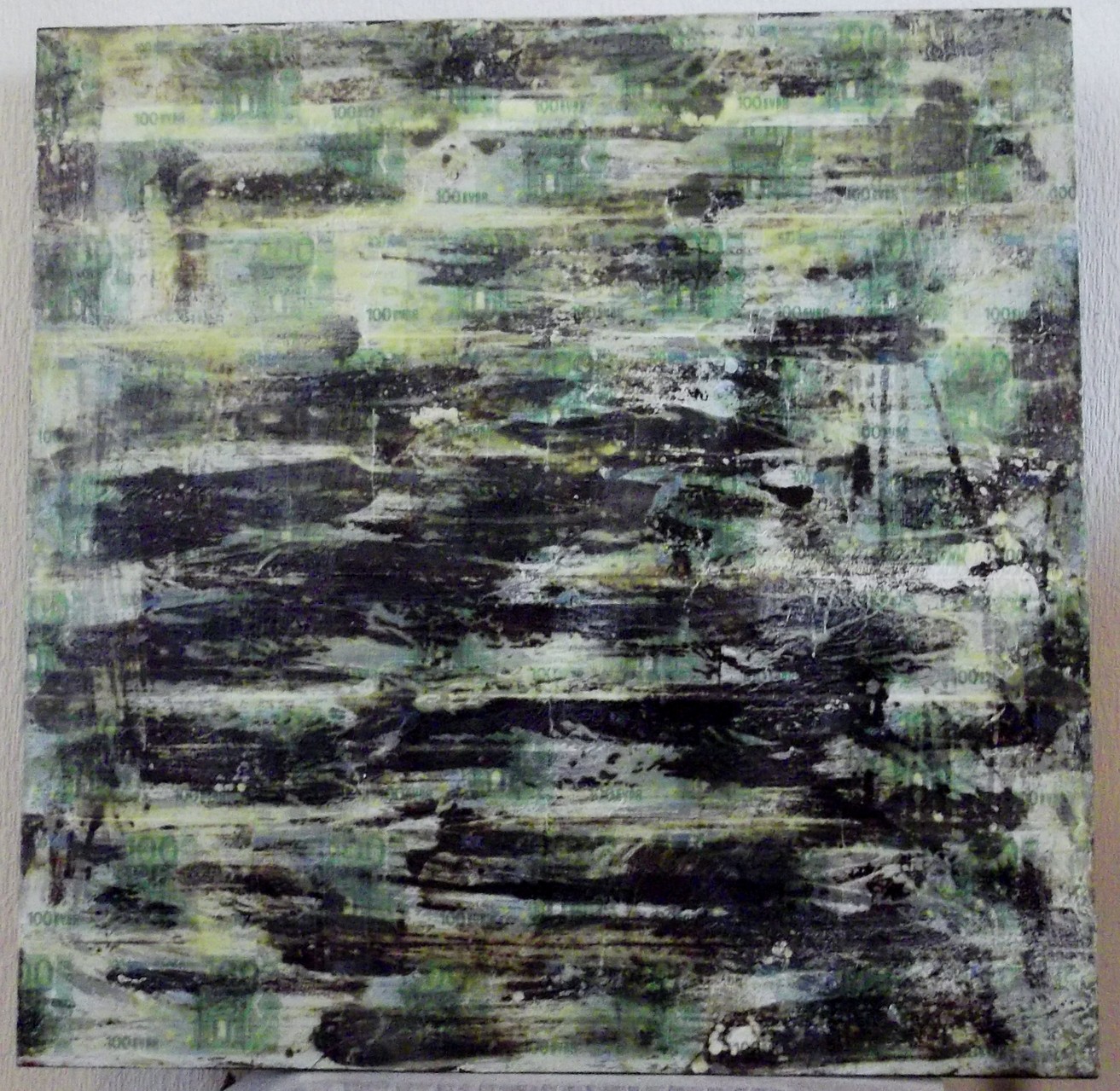 Euroland #01 - 1/1 2011 notes covered of scented wax on wood pannel cm ( 90 x 90 x 2)