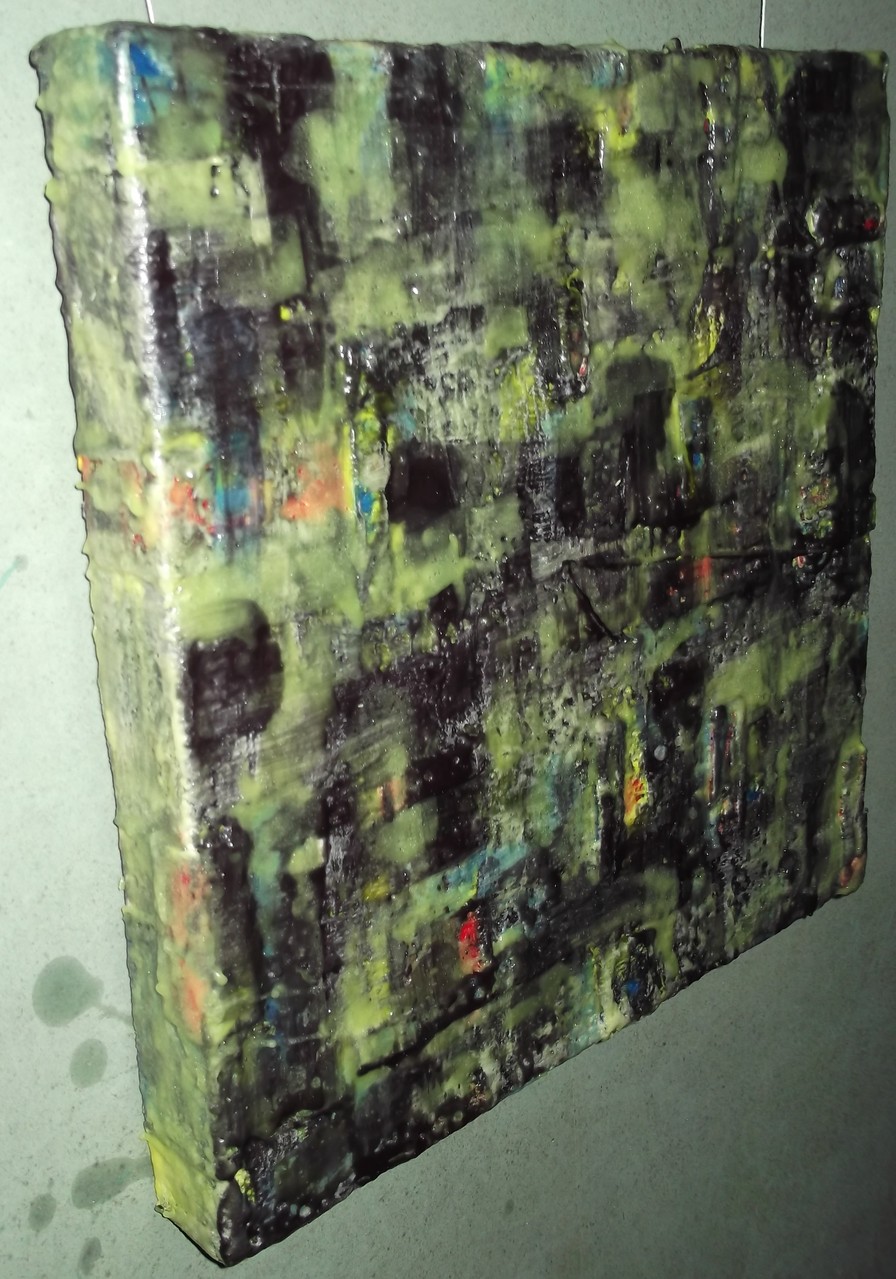 Undercover site # 02 "Kom al-Ahmaer" 2014 -scented wax stratification on canvas - ( left side) -cm 40 x 40 x 5