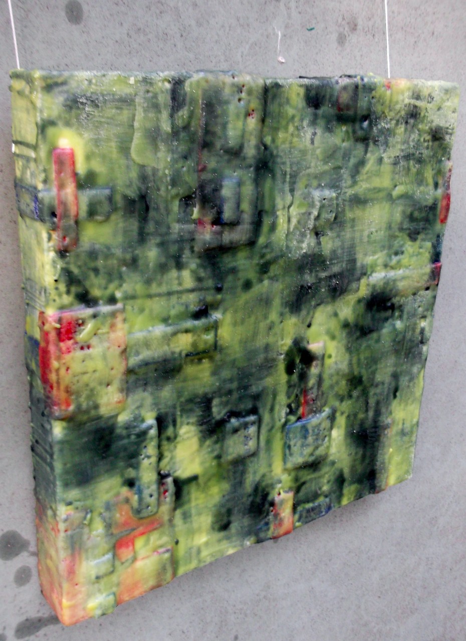 -Undercover site # 01 - "City of giants" 2014 - scented wax stratification on canvas -( left side) -cm 40 x 40 x 5