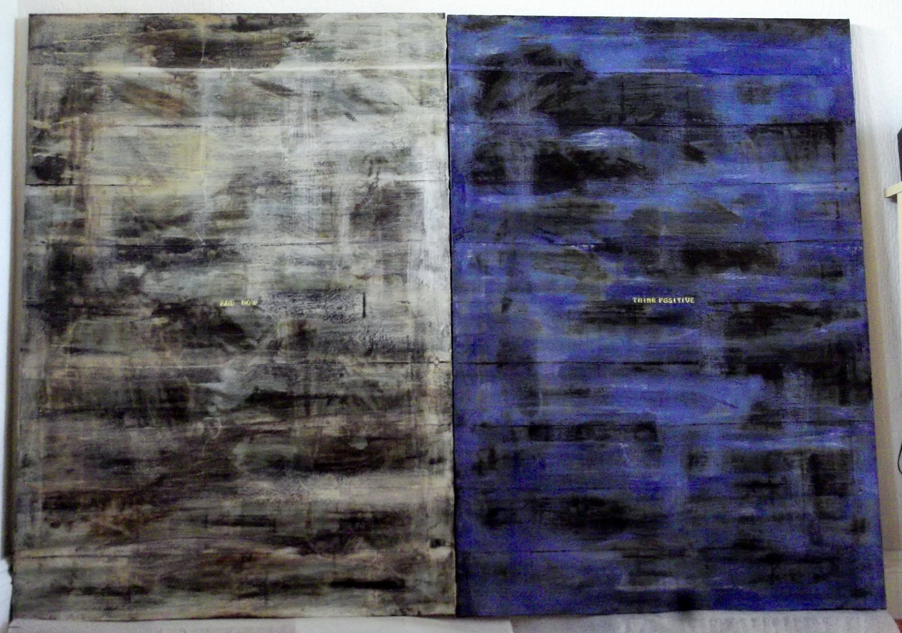 And now think positive- 1/1 2011(dipthic)  notes cover ed of scented wax on canvas cm (100x100x2)
