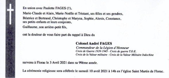 Faire-part de décès d'André FAGES, adhérent ANOCR, le 3 avril 2021 anocr34.fr