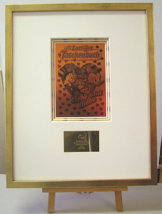 Hochwertige Rahmung "Goldenes Buch" (Rahmung mit 5-fach Museumspassepartout, vergoldet, Druck, Messingplakette)